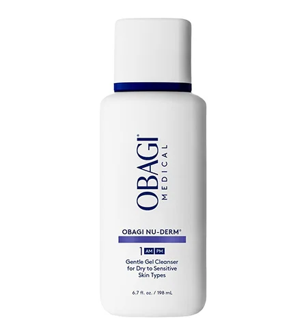 A white bottle of OBAGI Medical Nu-Derm Gentle Gel Cleanser for dry to sensitive skin types, in the 6.7 fl oz or 198 mL size.