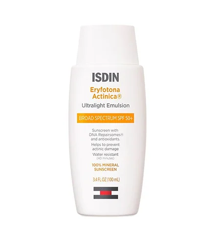 A white bottle of ISDIN Eryfotona Actinica Ultralight Emulsion Broad Spectrum SPF 50+ sunscreen, which is a 100% mineral sunscreen in a 3.4 fl oz or 100 mL size.