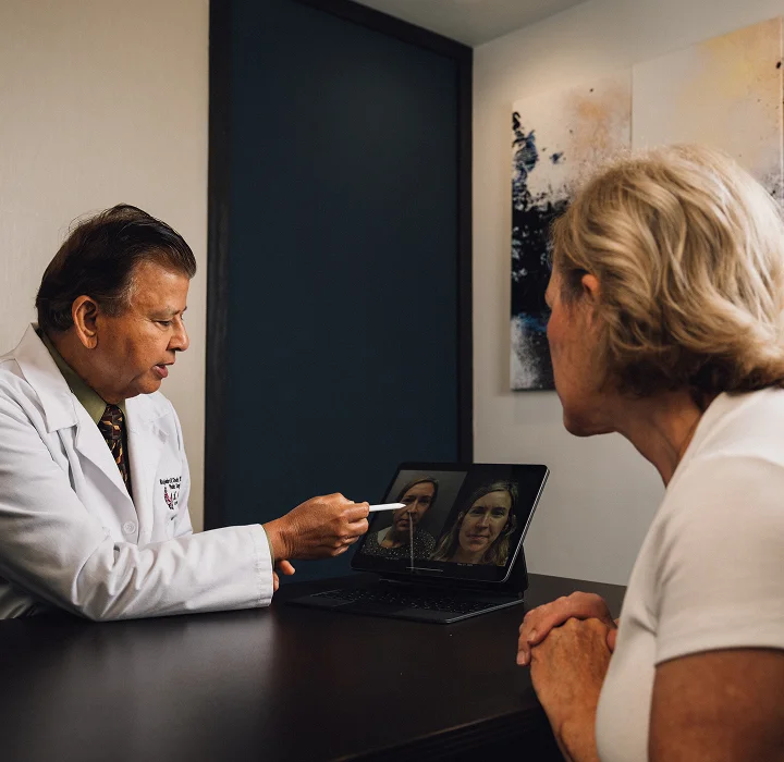 Rajendra Shah, MD, a man wearing a white lab coat, green shirt, and tie, is sitting across a table from a blonde female patient. He is pointing at before and after images of another patient on a tablet computer.